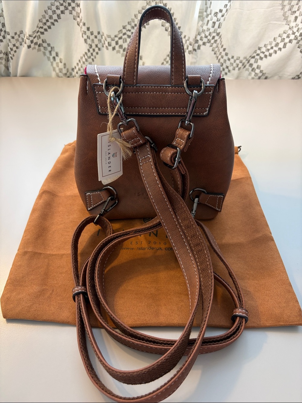 Islander Harrison Tweed Mini Jura Backpack. Brown Leather and Magenta Plaid. - Picture 6 of 10